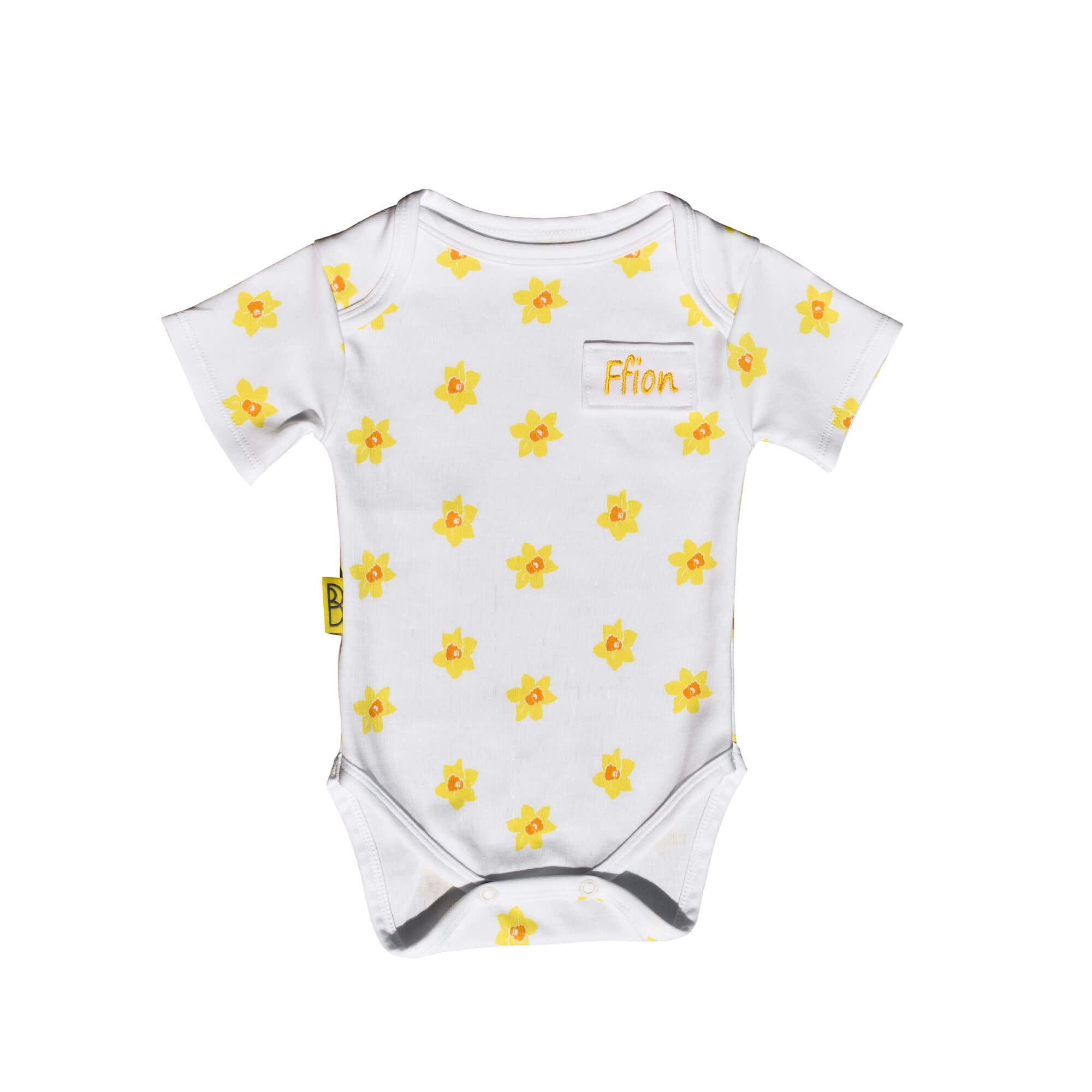 White organic cotton baby short sleeved bodysuit in vibrant daffodil design with two fasteners at bottom can be personalised