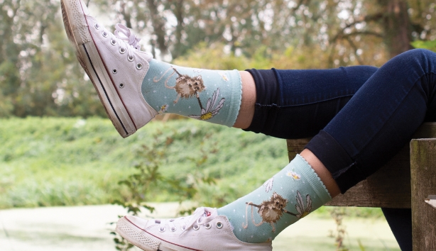 Forward facing lifestyle image of Wrendale Designs Socks. Featuring the Oops and Daisy Design.