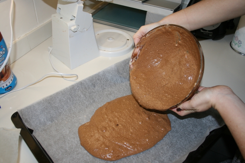 09. Verter la masa en bandeja para el tronco de chocolate sin harinas ni azúcares añadidos en blog de recetas fitness